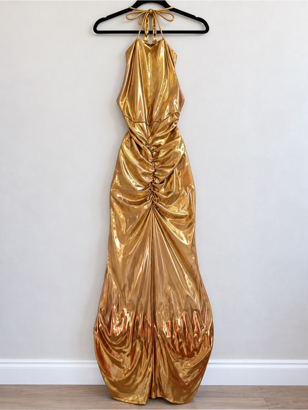 SHEIN Gold Metallic Halter Ruched Maxi Dress